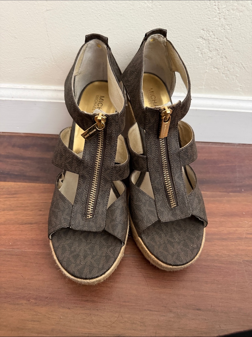 Michael Kors Brown Logo Espadrille Wedge Sandals with Gold Zip